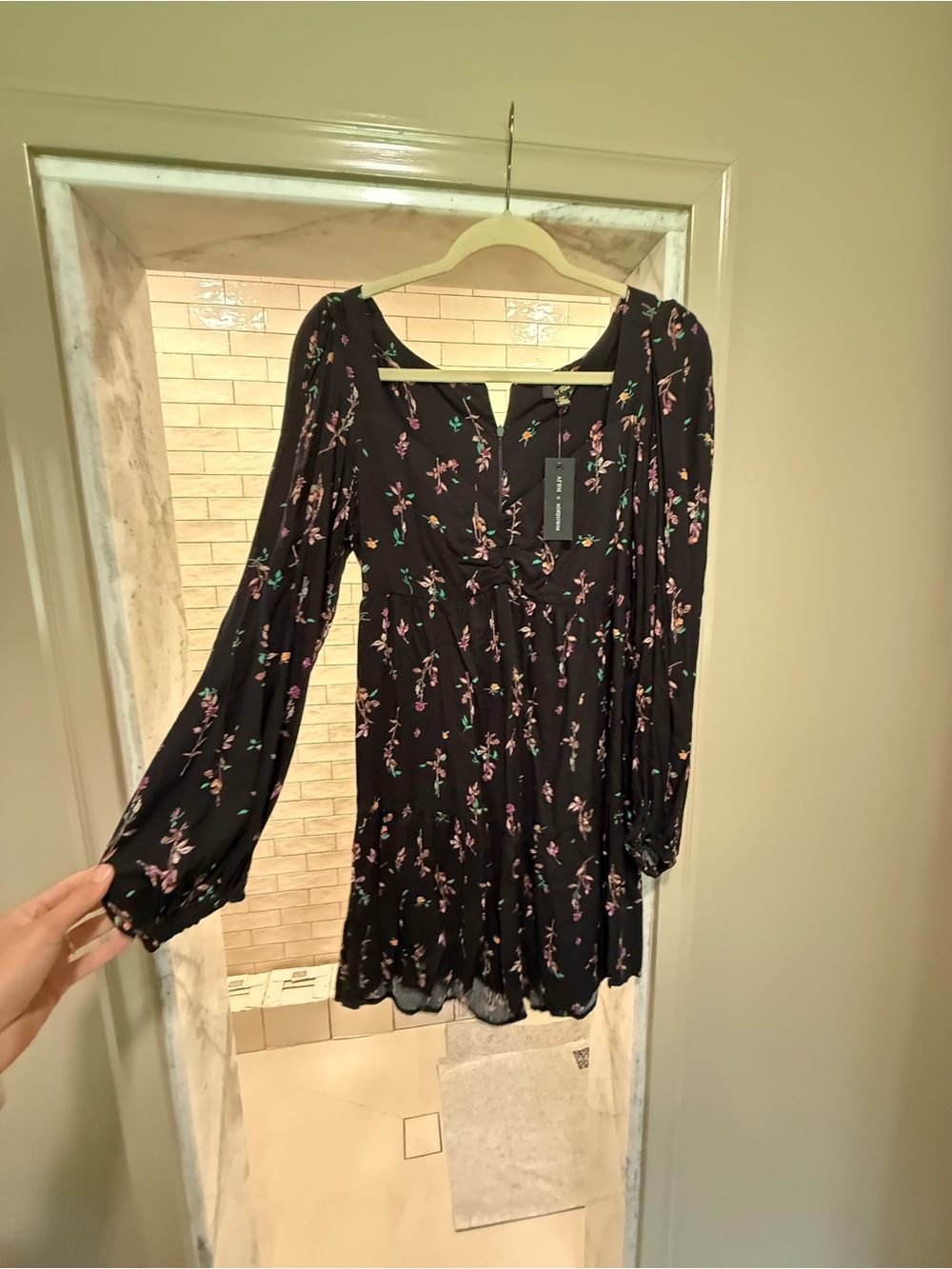 AFRM Black Mini Dress with Pink Floral and Green Sprig Accents